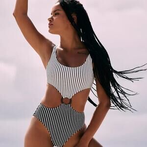 New Free People Solid & Striped The Bailey One-Piece Swimsuit $188 MEDIUM Black